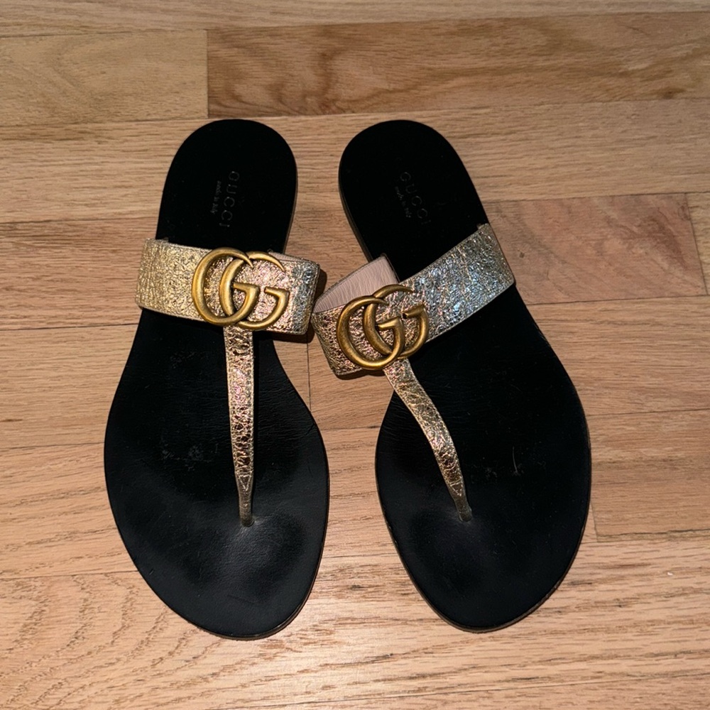 Gucci Gold GG Marmont Flip Flop Sandals